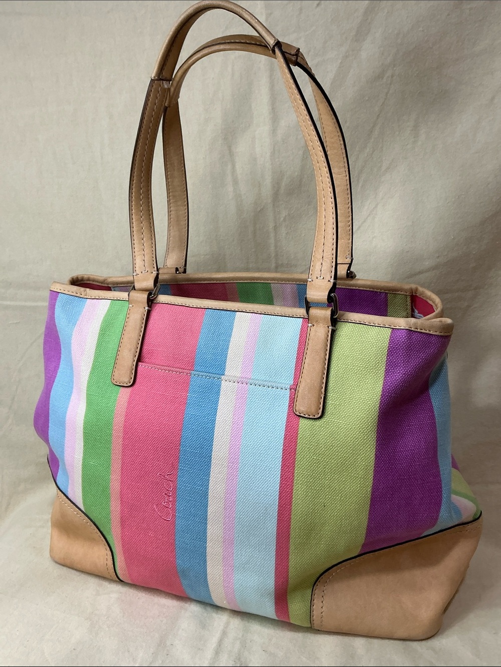 NWT Coach 19357 Hamptons Legacy Striped multi Canvas weekend Tote shoulder bag - Picture 2 of 8